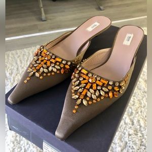 Prada Satin Mule Embellished w/ Different Stones Size 37.5 in Deep Taupe Color.